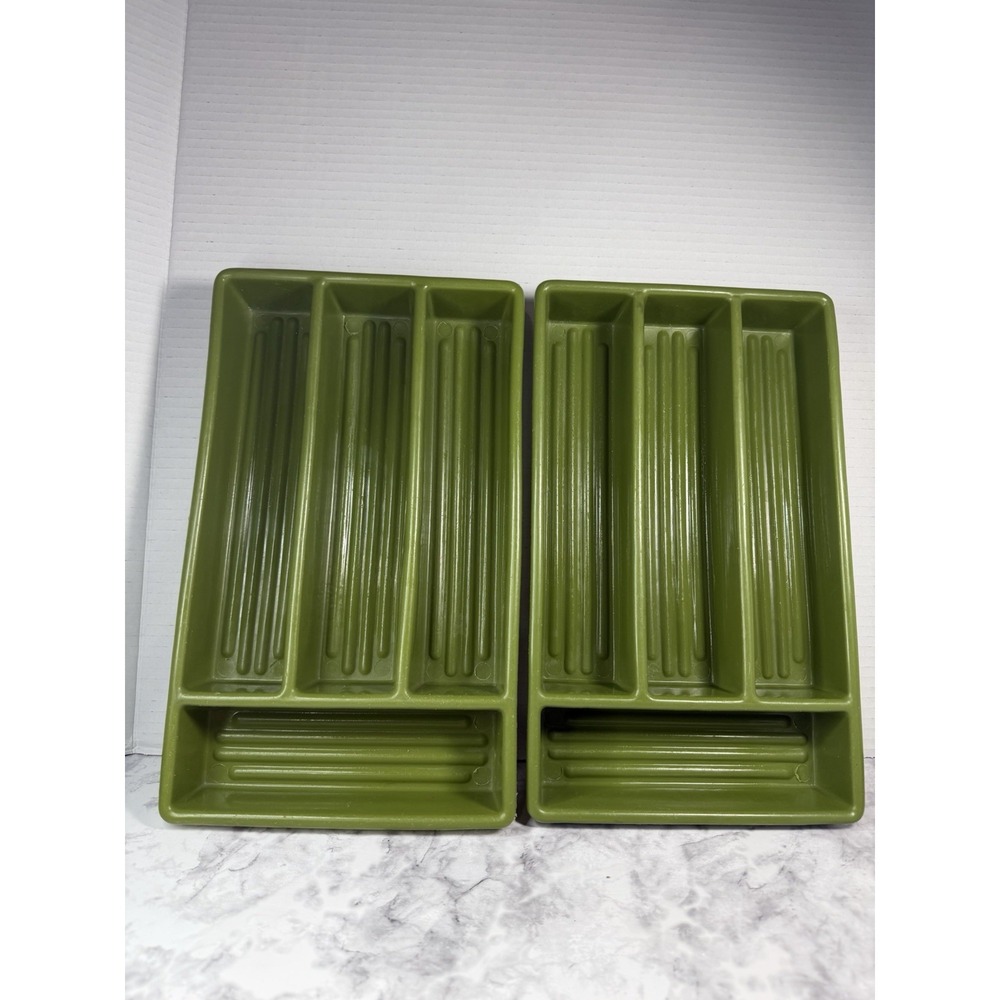 2 Vintage Plastic Avocado Green Drawer Utensil Silverware Organizers Dividers